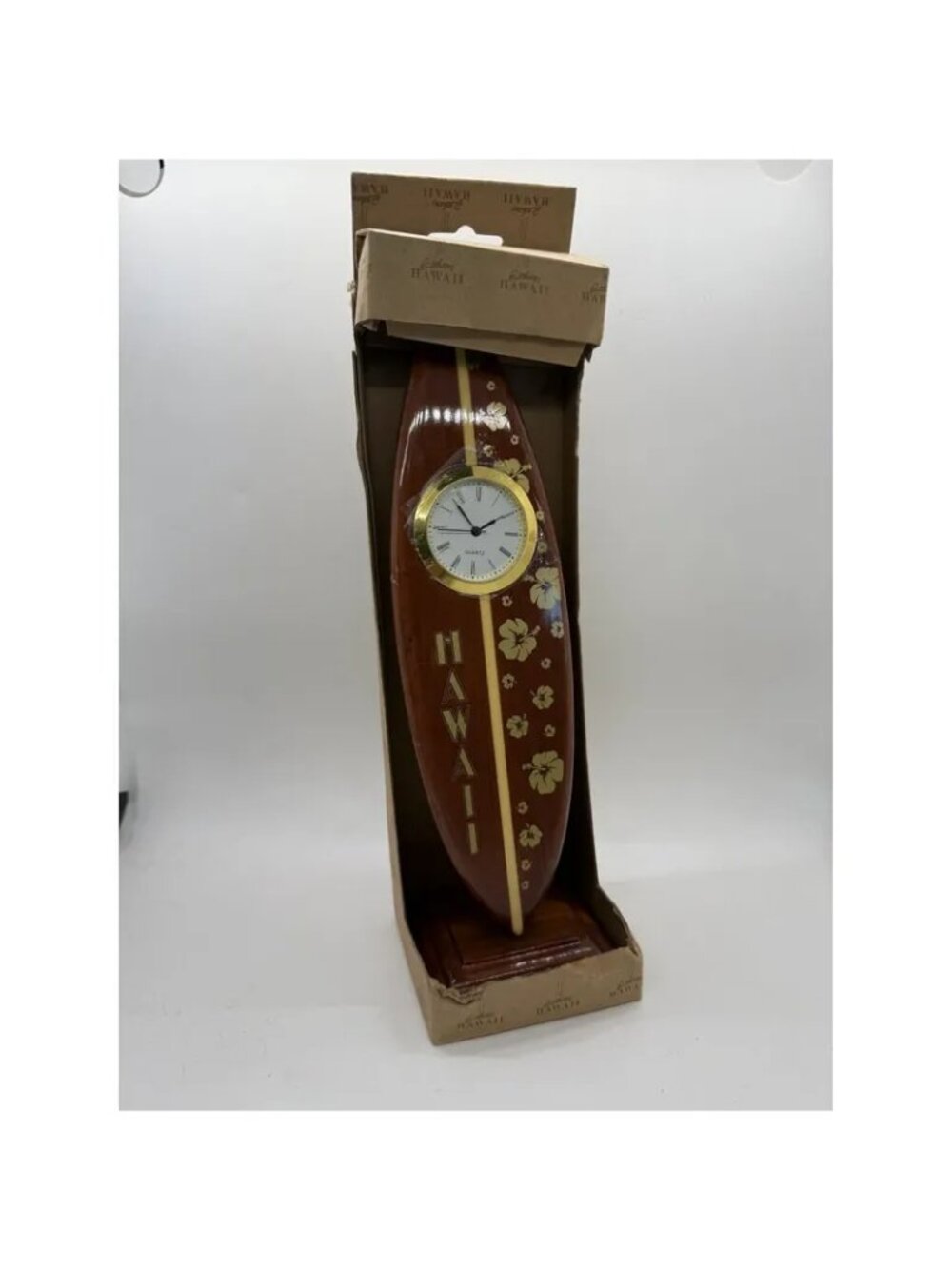 Hawaiian Surfboard Shaped Desk Clock With Hibiscus Design & Quartz Movement In O